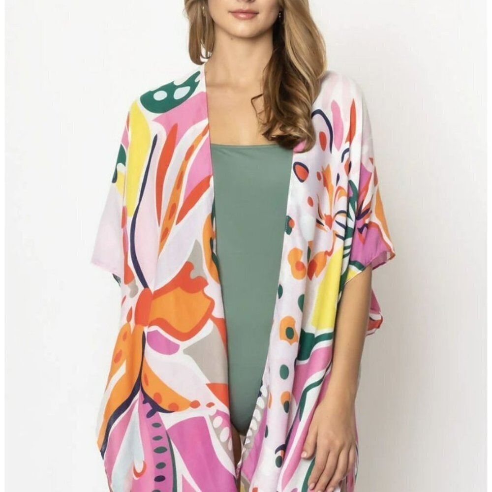 Tropical Floral Print Open Front Kimono with Tassel Fringe - Picture 6 of 7